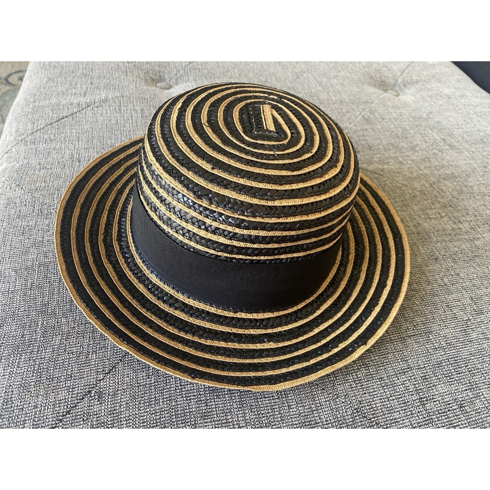 BCBGeneration Straw Boater Hat Black & Natural Striped Flat Top Sun Hat NWT
